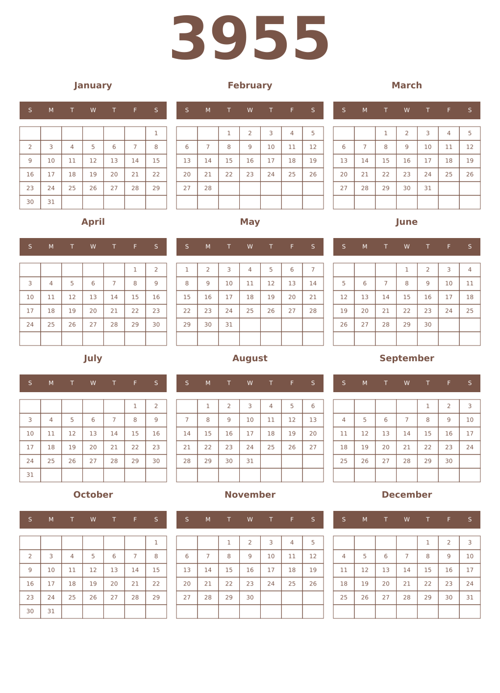 Printable 3955 Year Calendars coffe