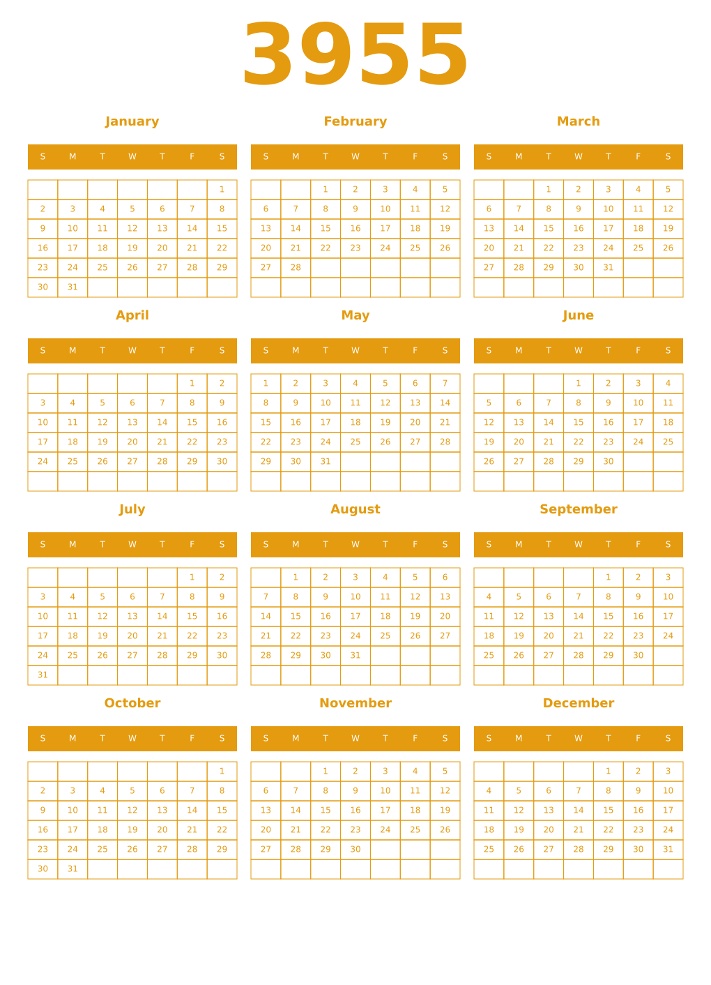 Printable 3955 Year Calendars gamboge