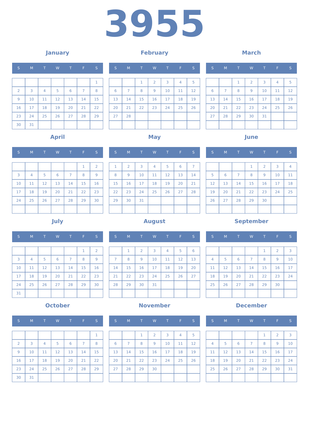 Printable 3955 Year Calendars glaucous