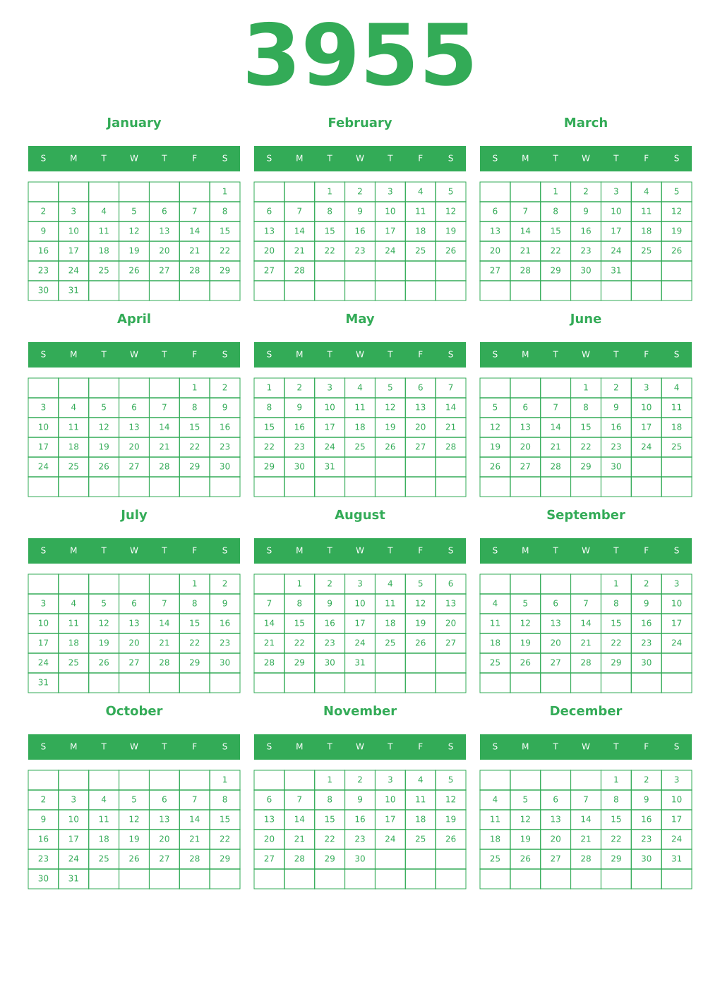 Printable 3955 Year Calendars green