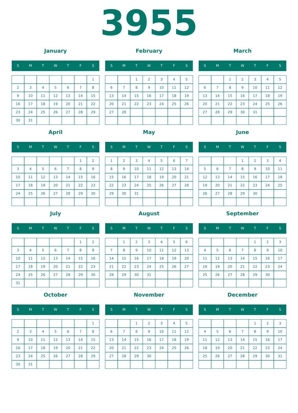 Printable 3955 Year Calendars pastel