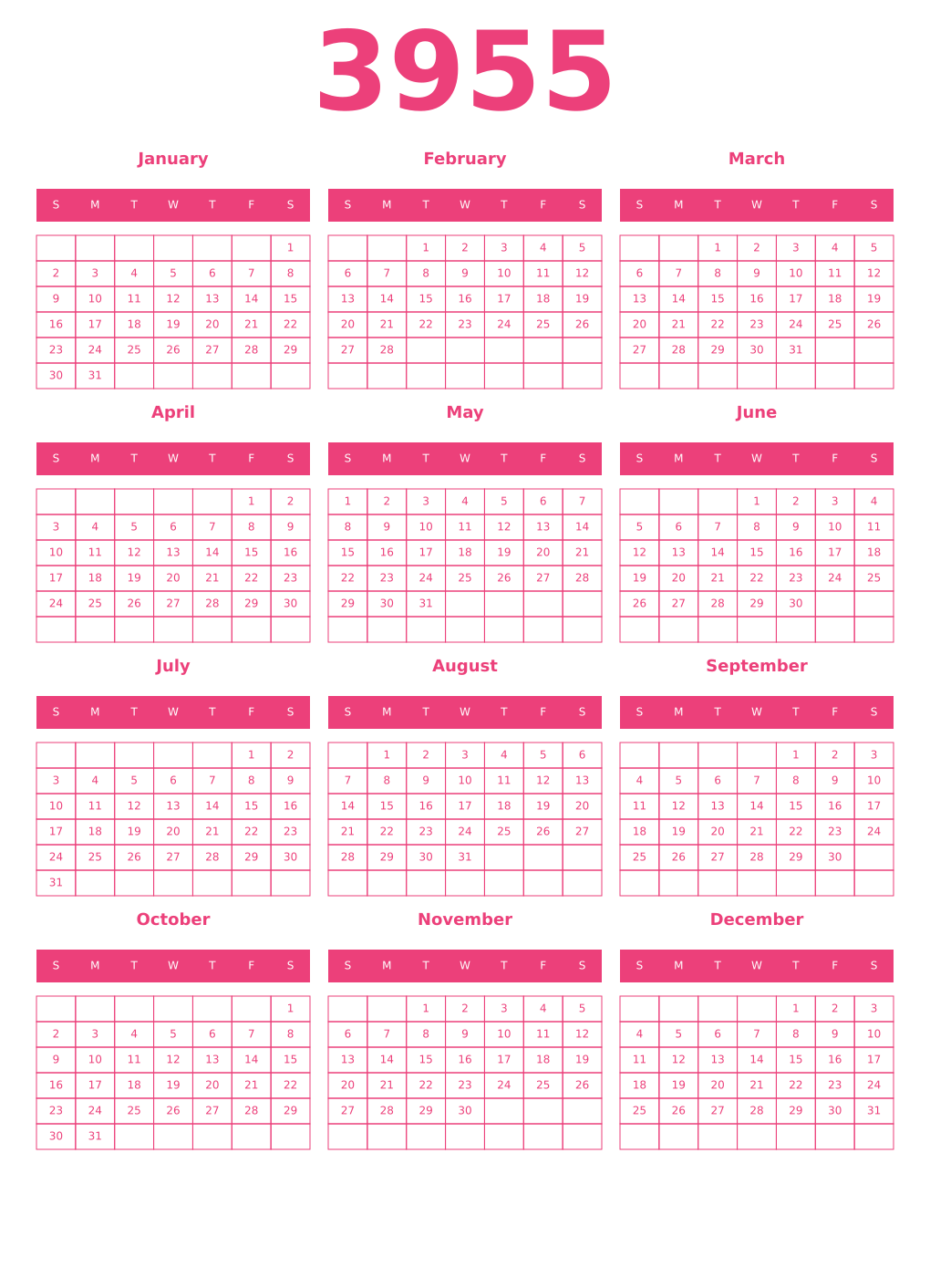 Printable 3955 Year Calendars pink