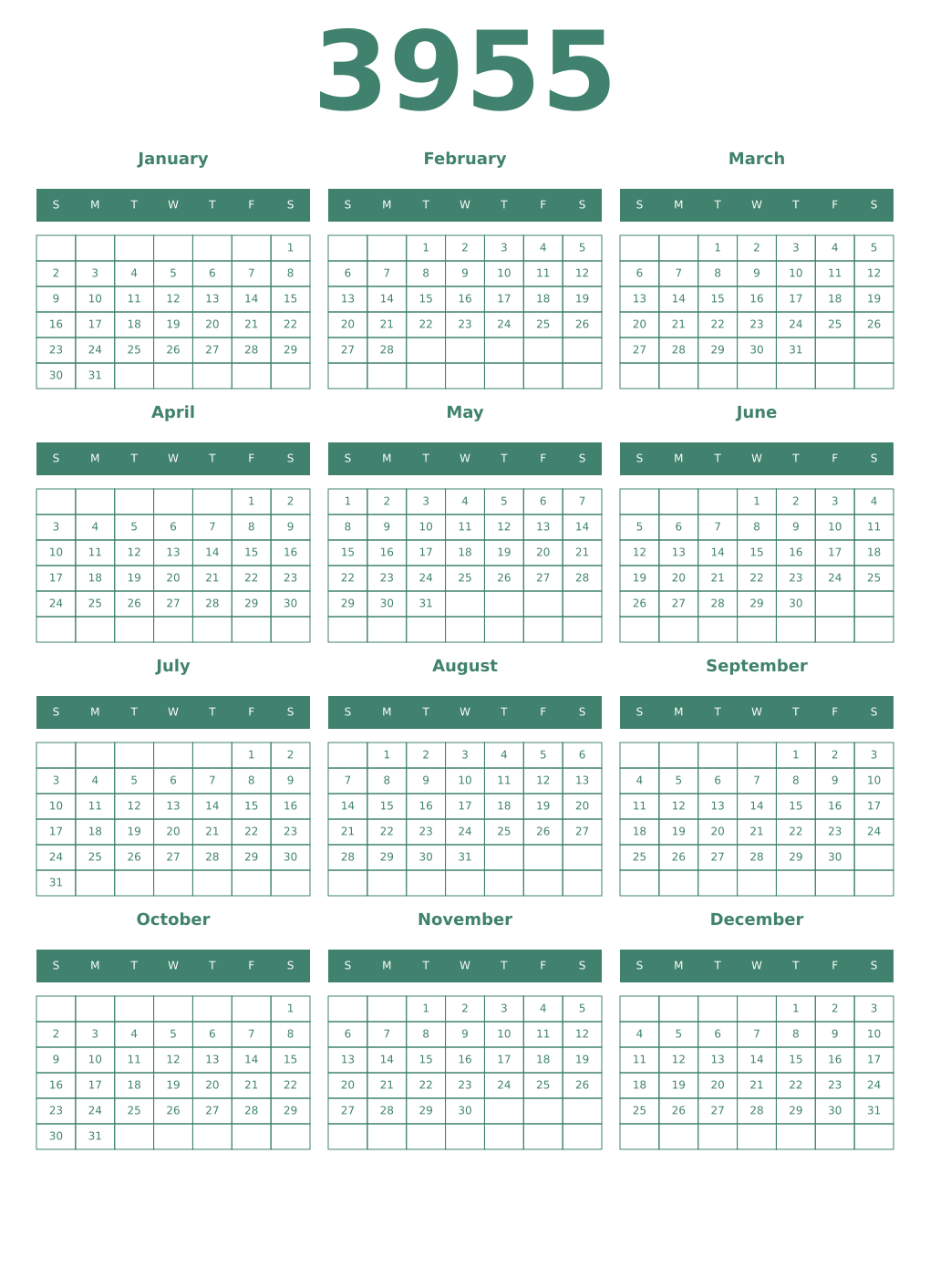 Printable 3955 Year Calendars viridian