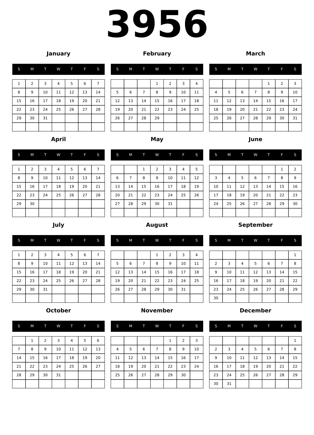 Printable 3956 Year Calendars black
