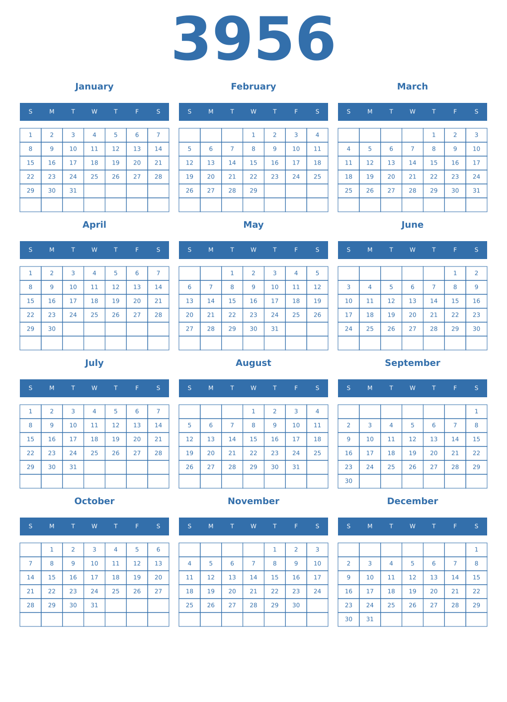 Printable 3956 Year Calendars blue