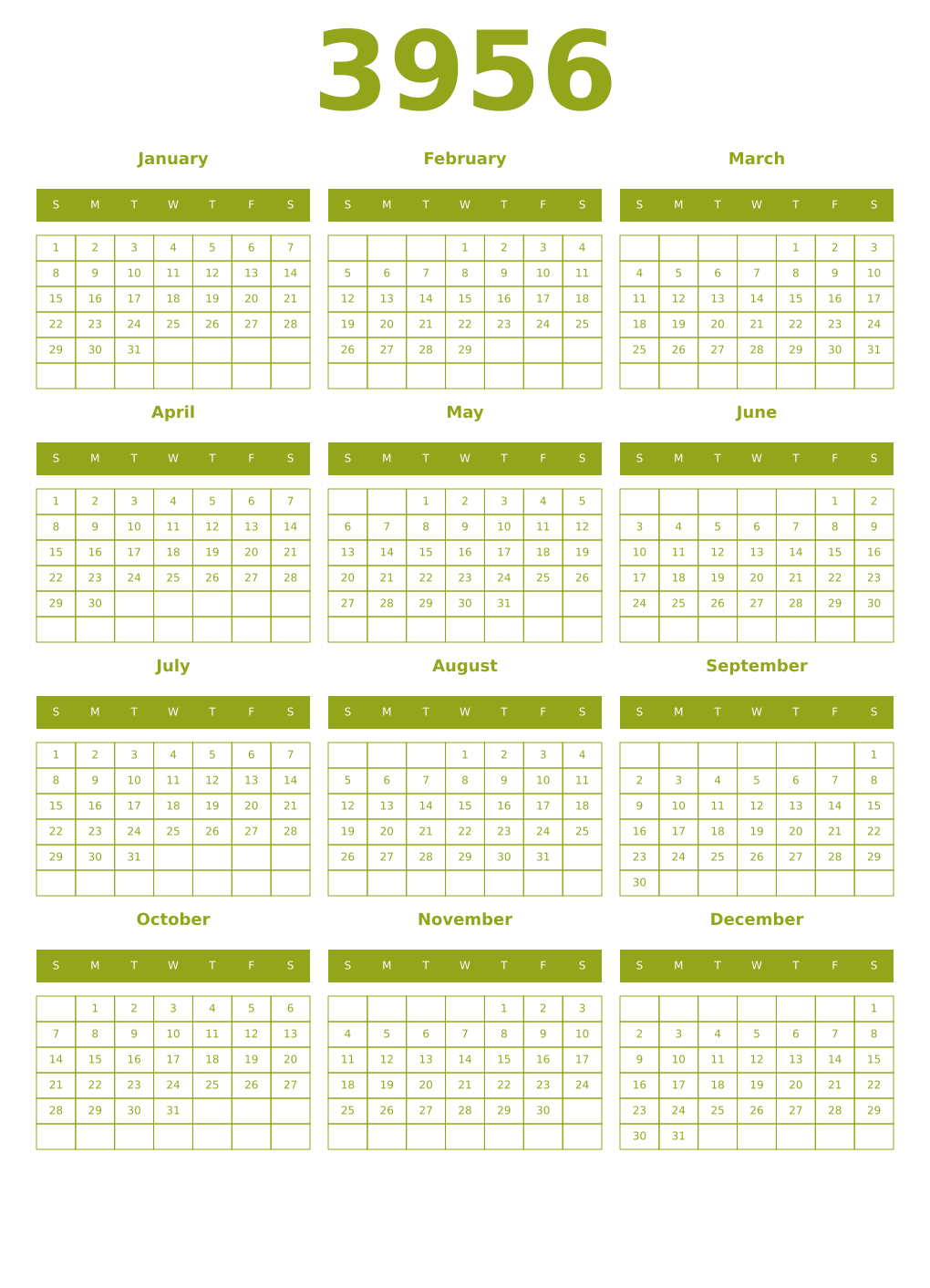 Printable 3956 Year Calendars chartreuse