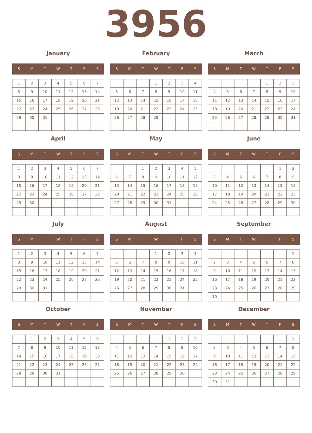 Printable 3956 Year Calendars coffe