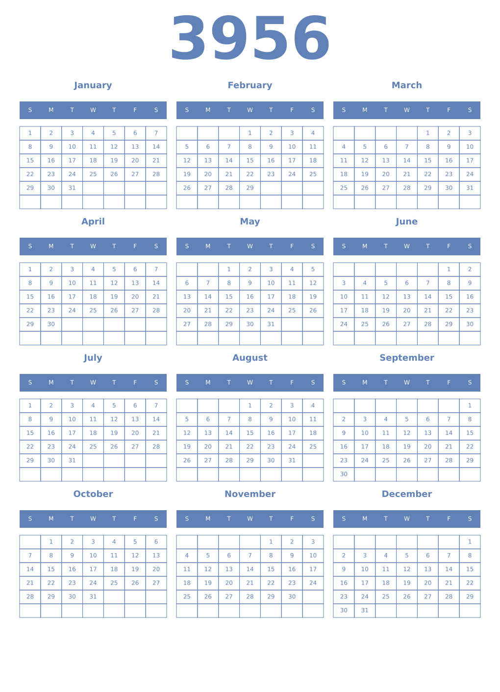 Printable 3956 Year Calendars glaucous