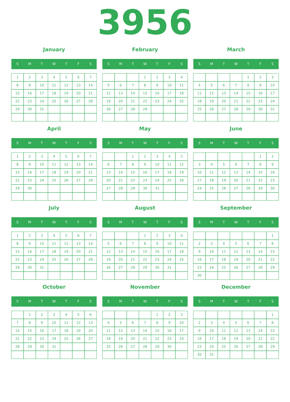Printable 3956 Year Calendars green