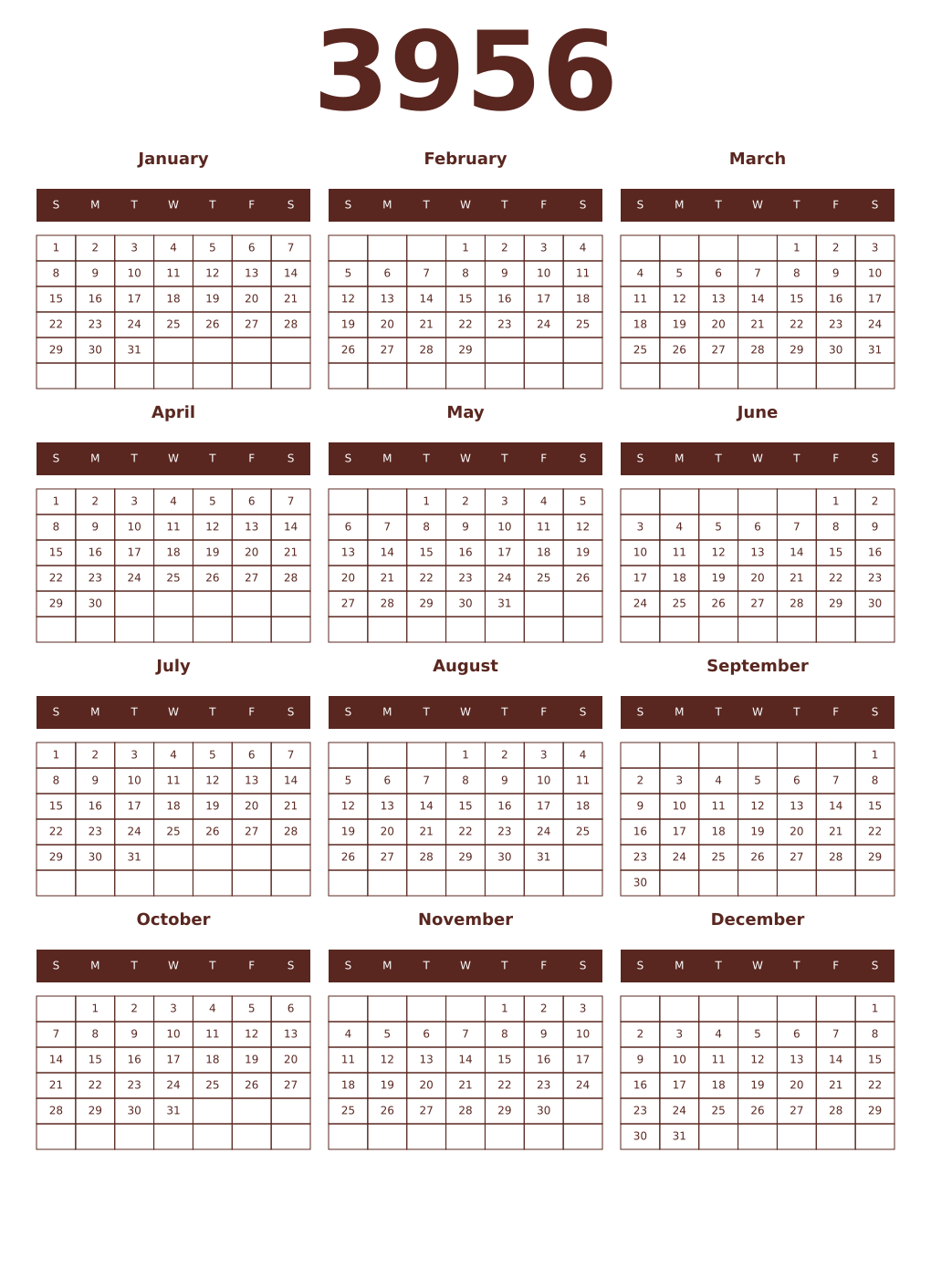 Printable 3956 Year Calendars mortuum