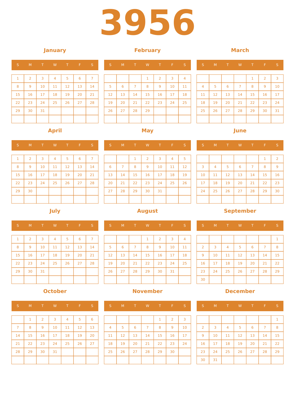 Printable 3956 Year Calendars orange