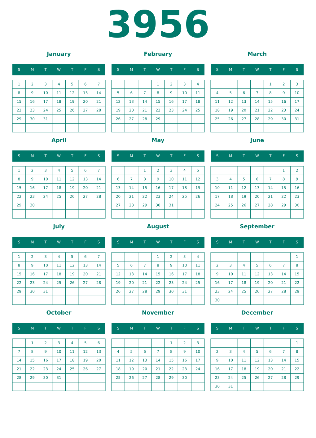 Printable 3956 Year Calendars pastel