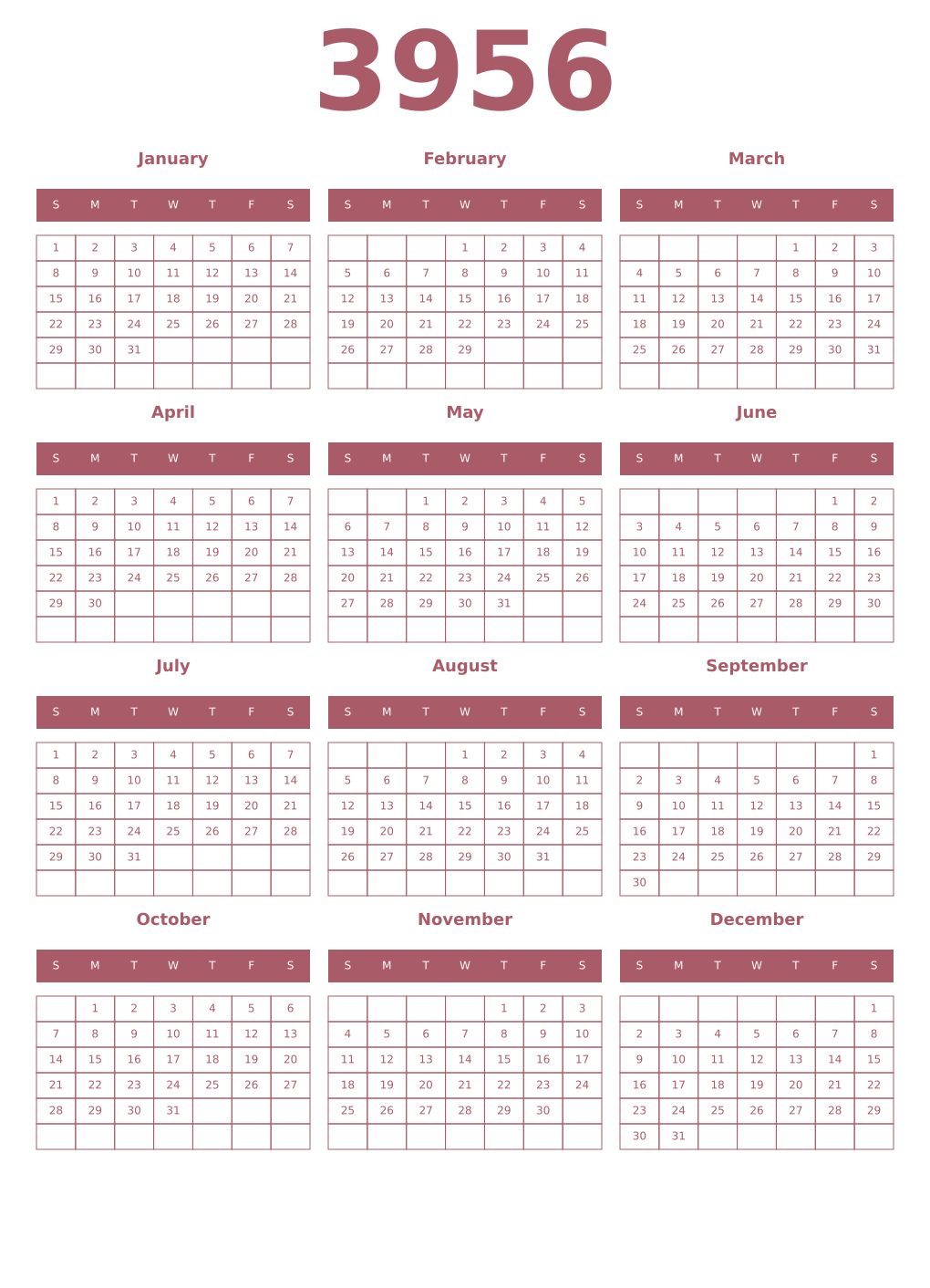 Printable 3956 Year Calendars puce