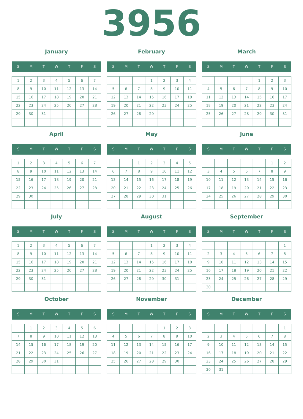 Printable 3956 Year Calendars viridian