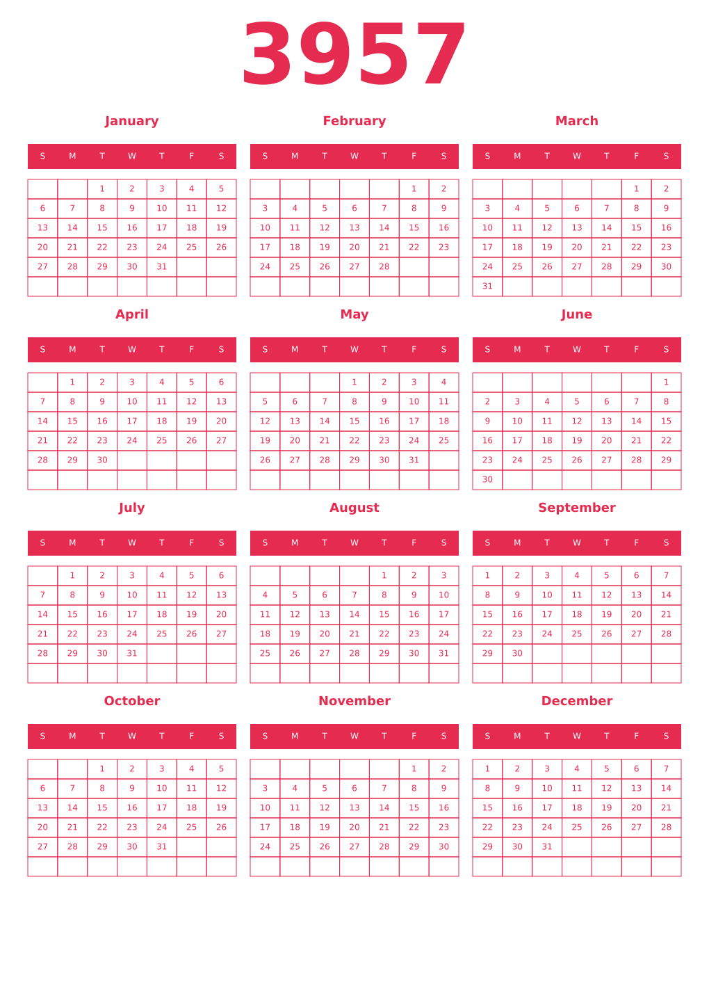 Printable 3957 Year Calendars amaranth