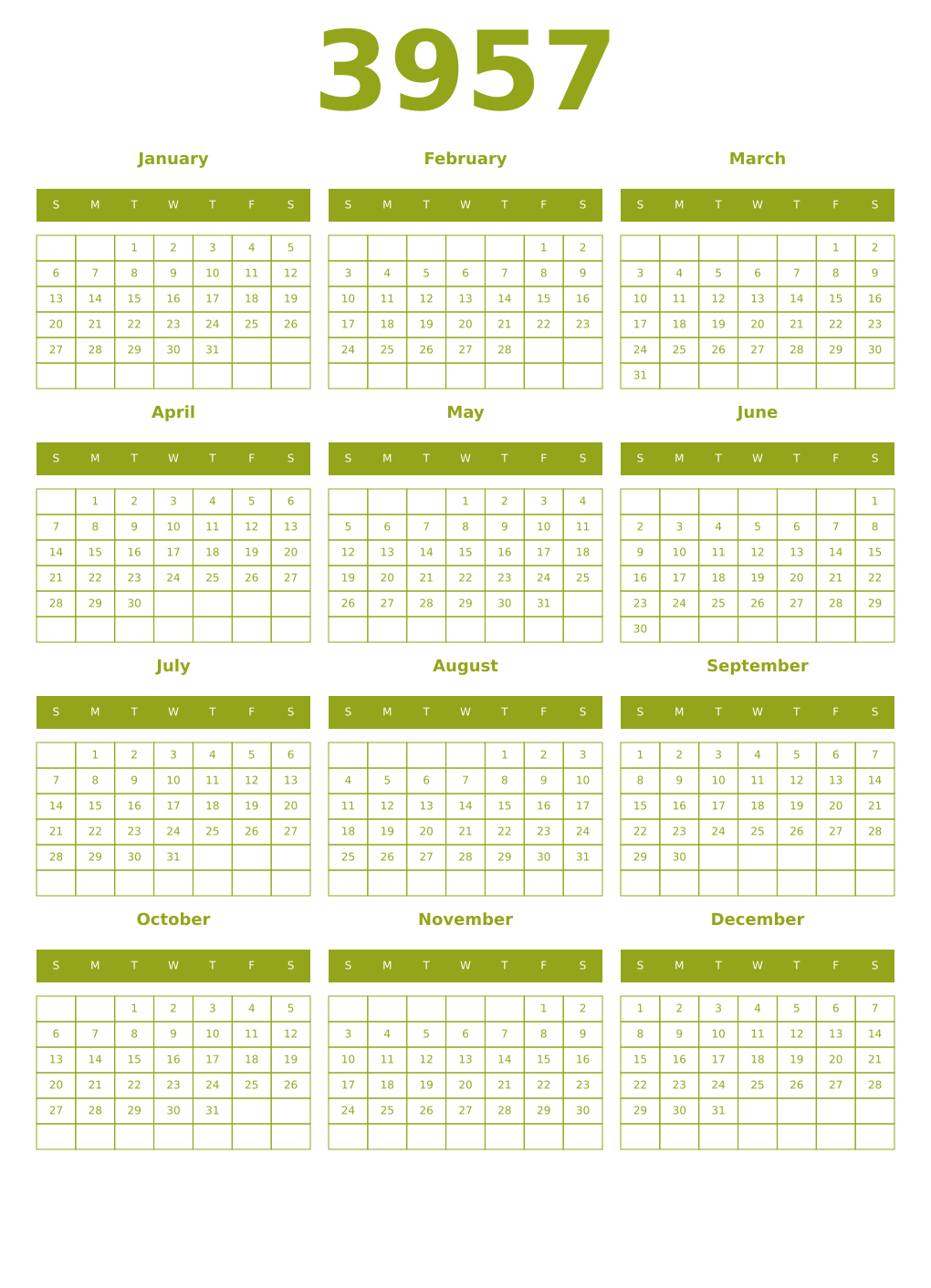 Printable 3957 Year Calendars chartreuse