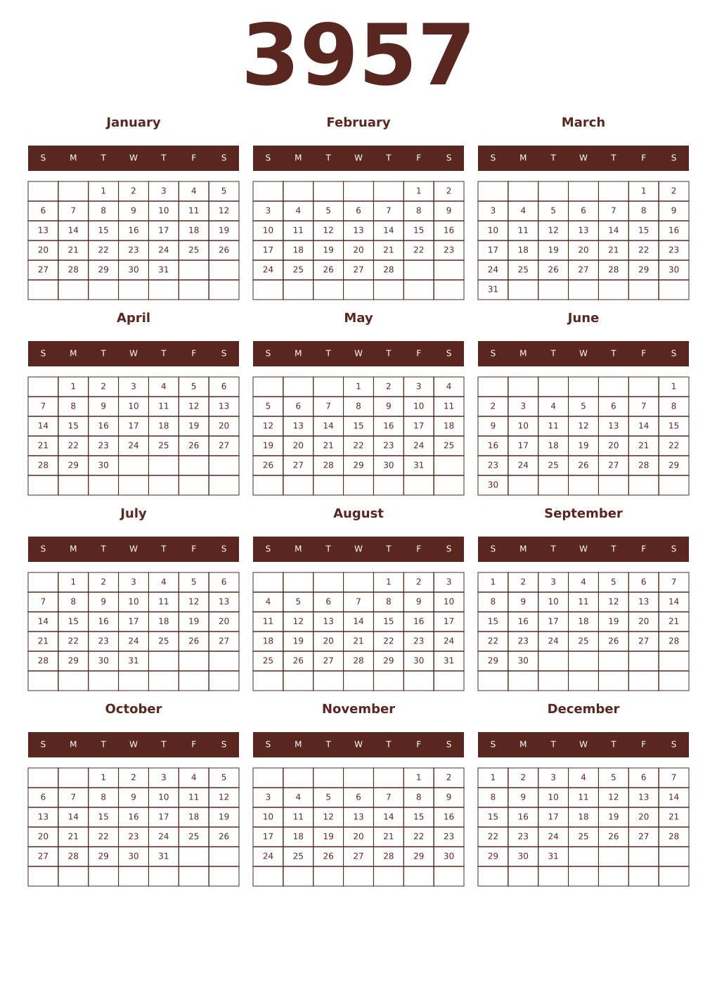 Printable 3957 Year Calendars mortuum