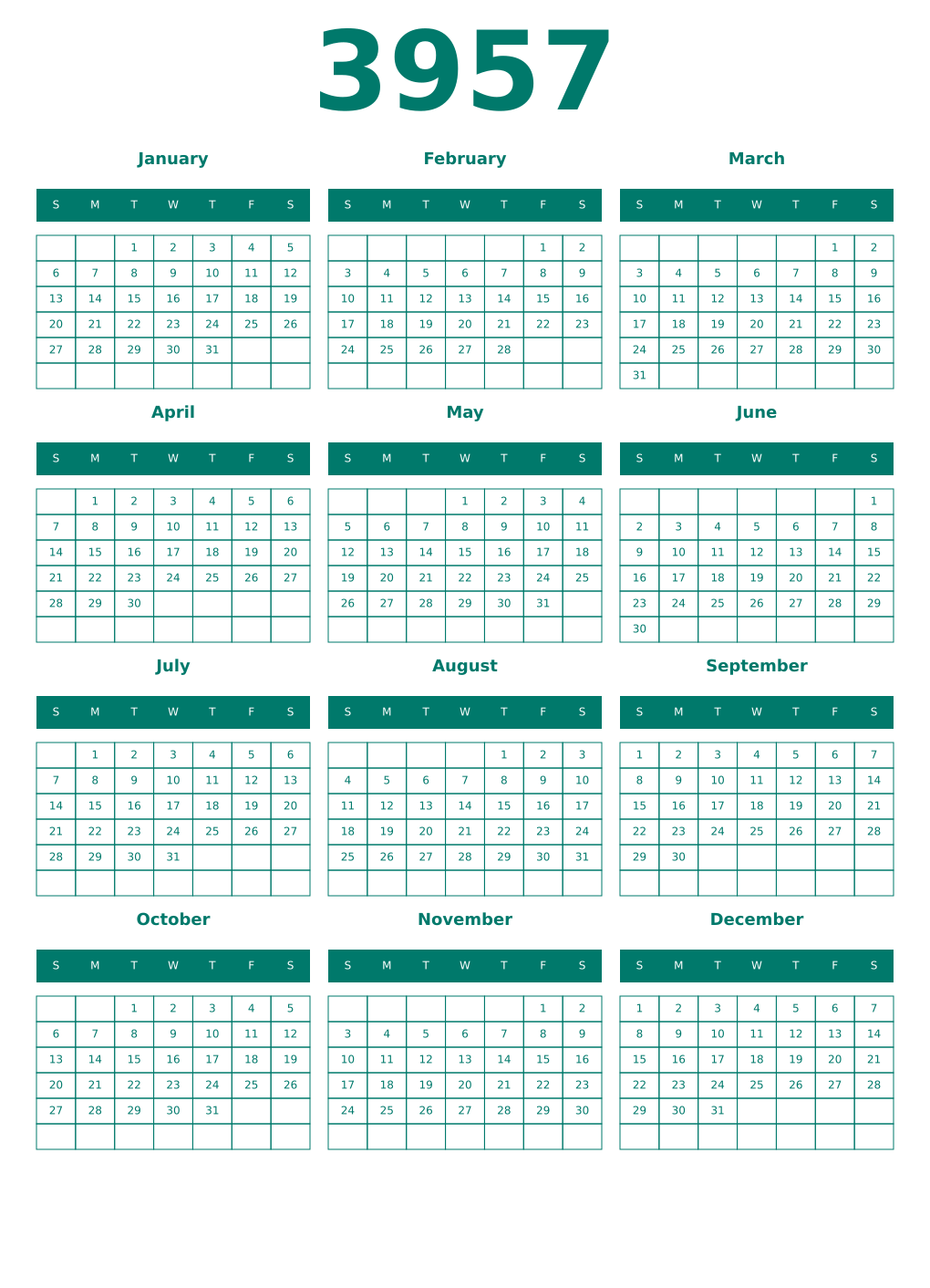 Printable 3957 Year Calendars pastel