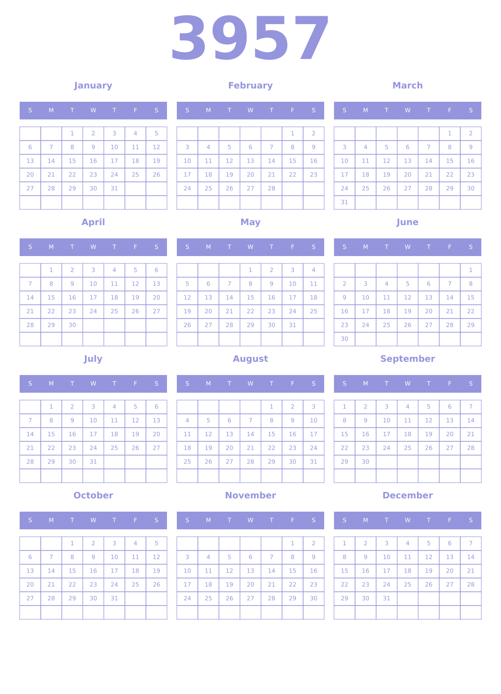 Printable 3957 Year Calendars periwinkle