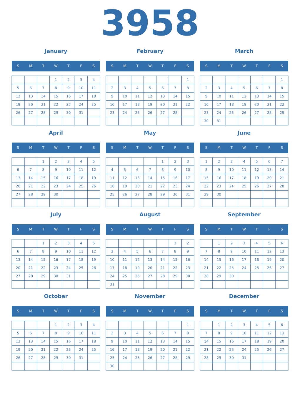 Printable 3958 Year Calendars blue