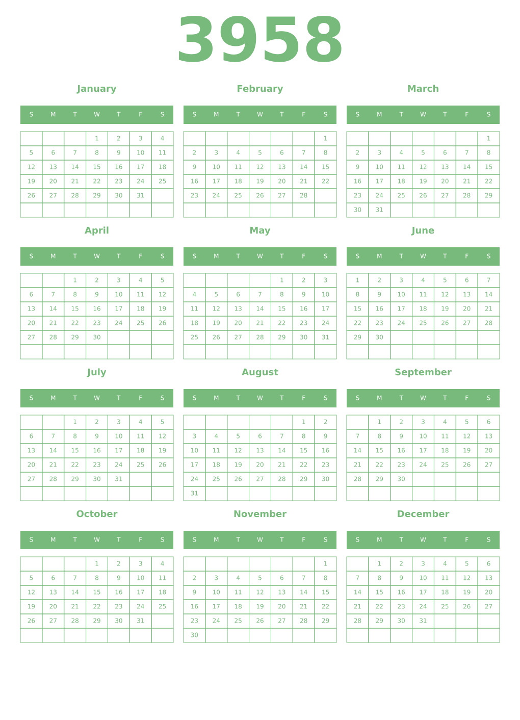 Printable 3958 Year Calendars celadon