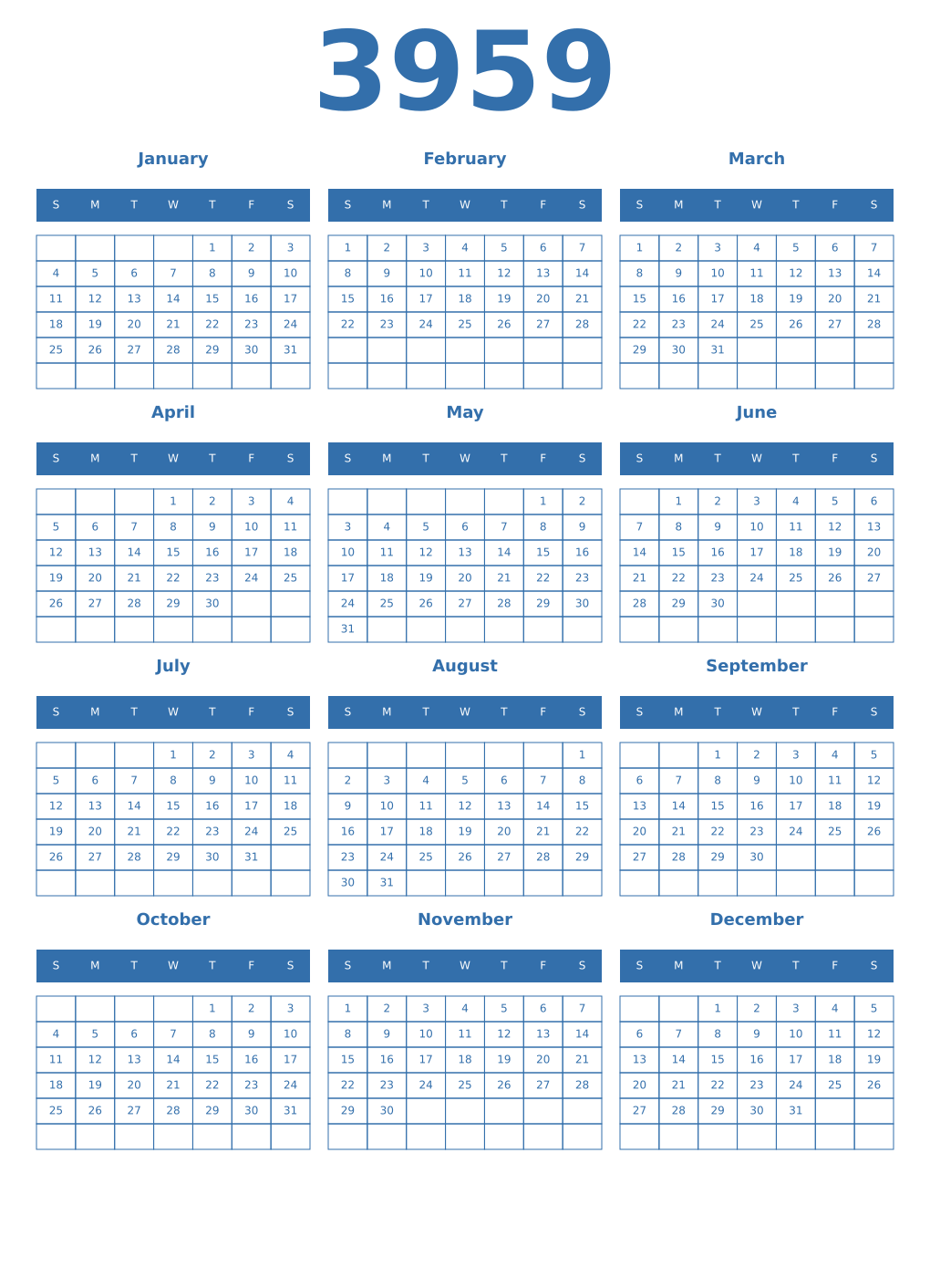 Printable 3959 Year Calendars blue