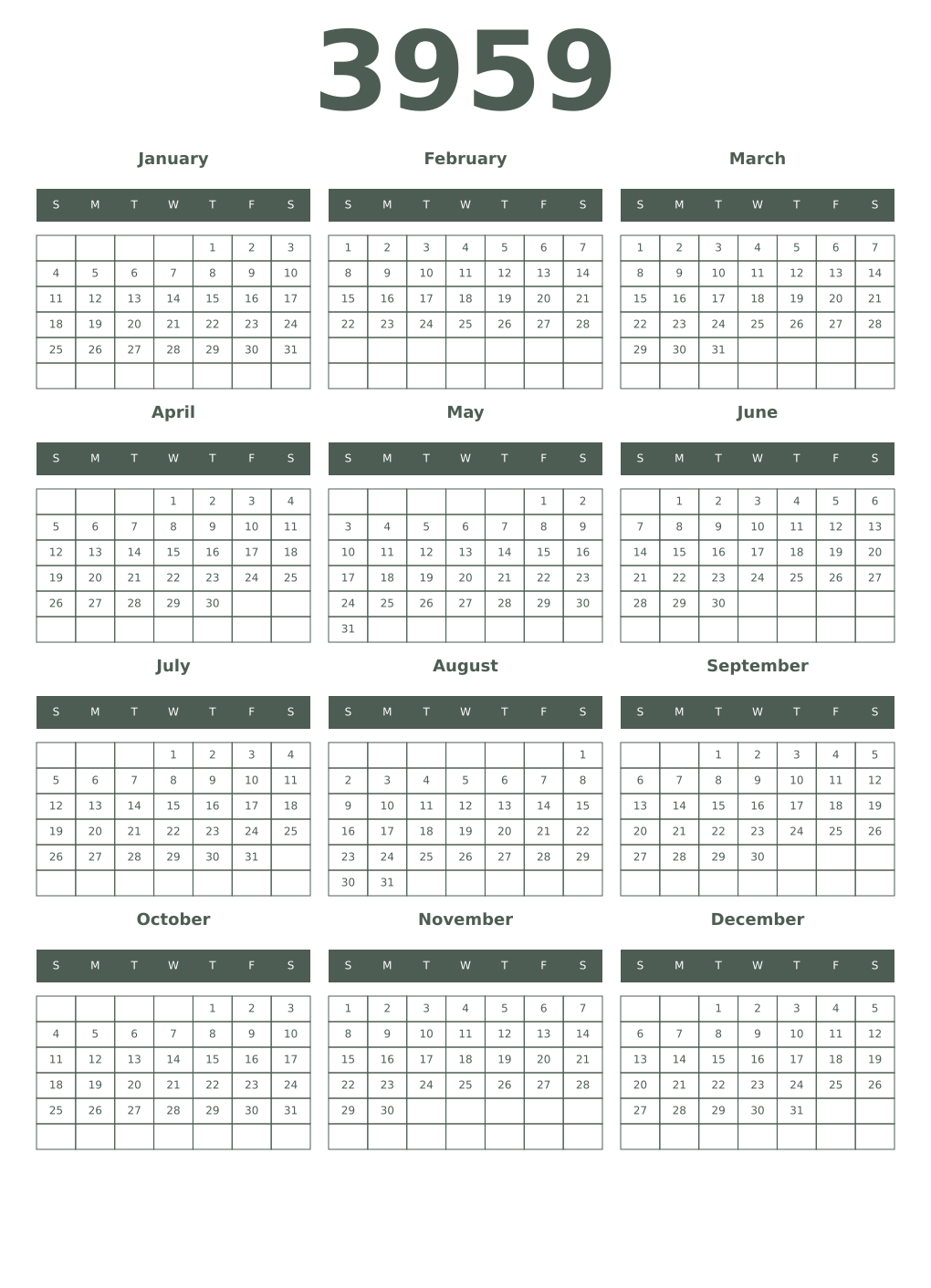 Printable 3959 Year Calendars feldgrau