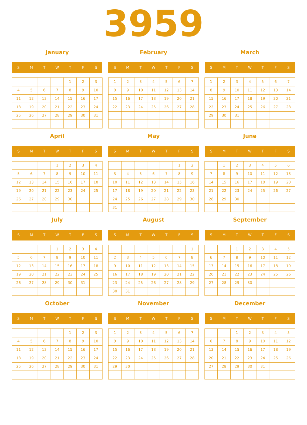 Printable 3959 Year Calendars gamboge