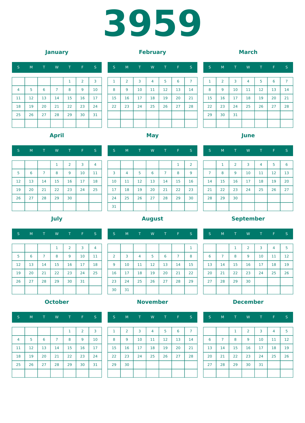 Printable 3959 Year Calendars pastel