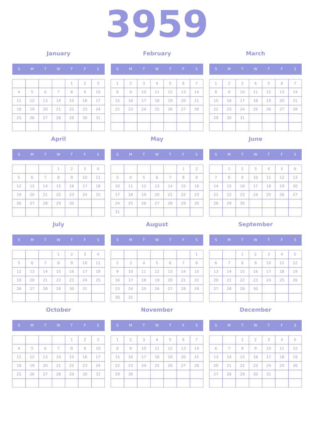 Printable 3959 Year Calendars periwinkle
