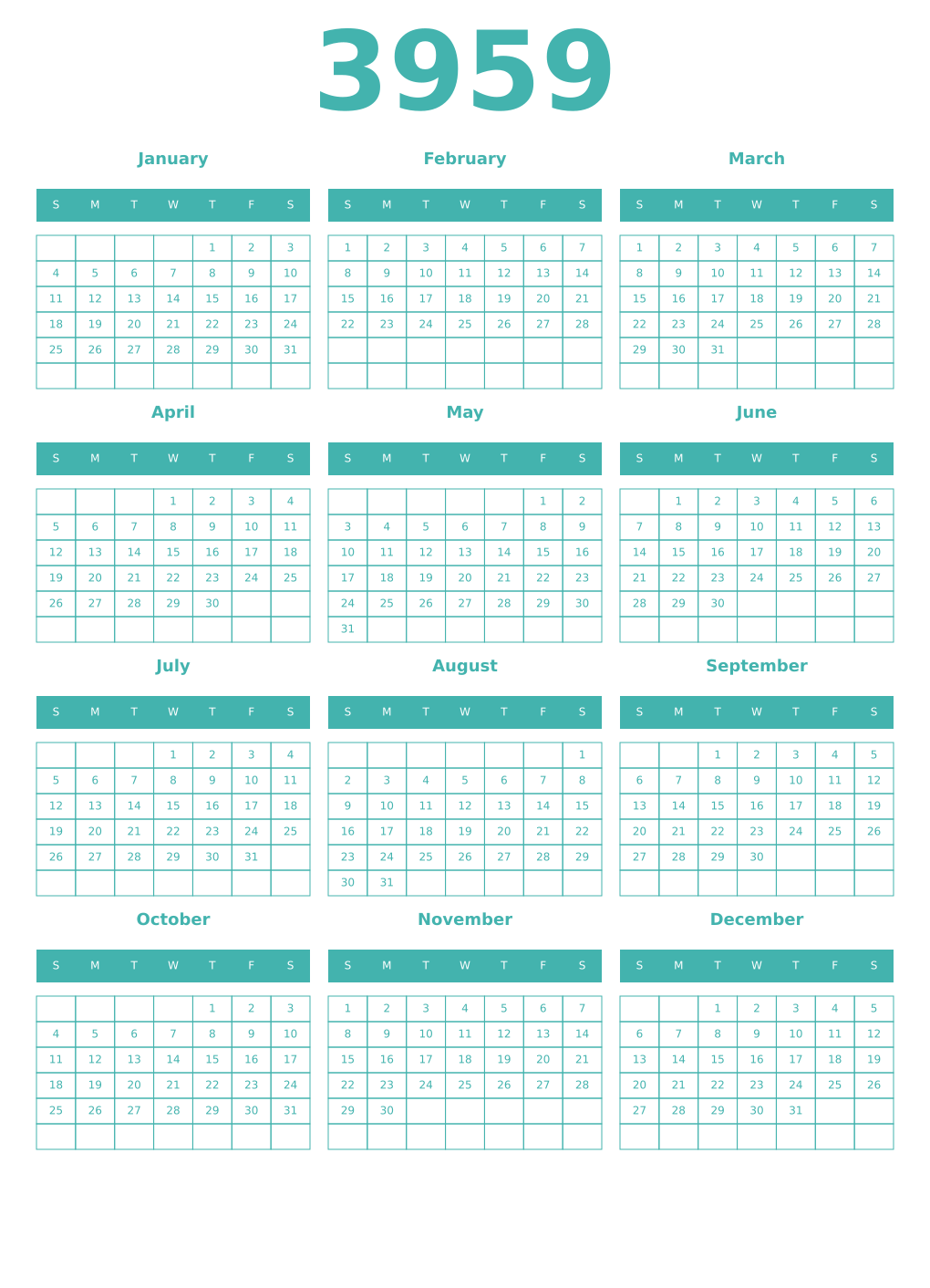 Printable 3959 Year Calendars verdigris