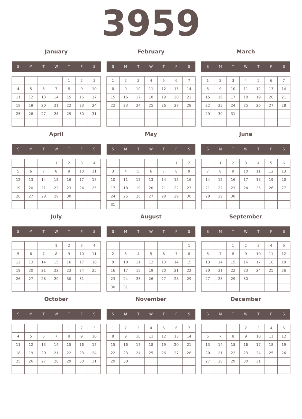 Printable 3959 Year Calendars wenge