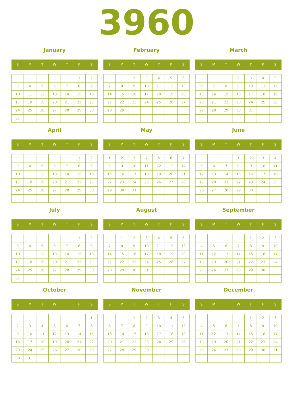 Printable 3960 Year Calendars chartreuse