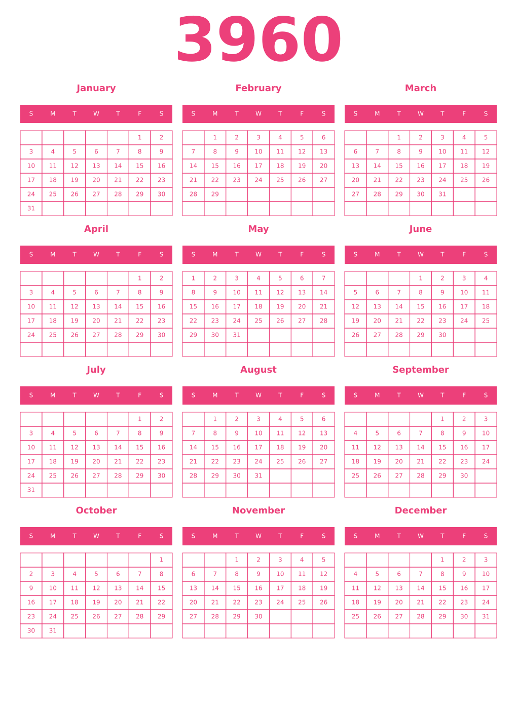 Printable 3960 Year Calendars pink