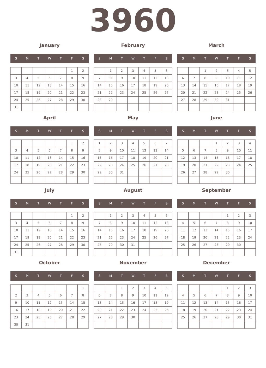 Printable 3960 Year Calendars wenge