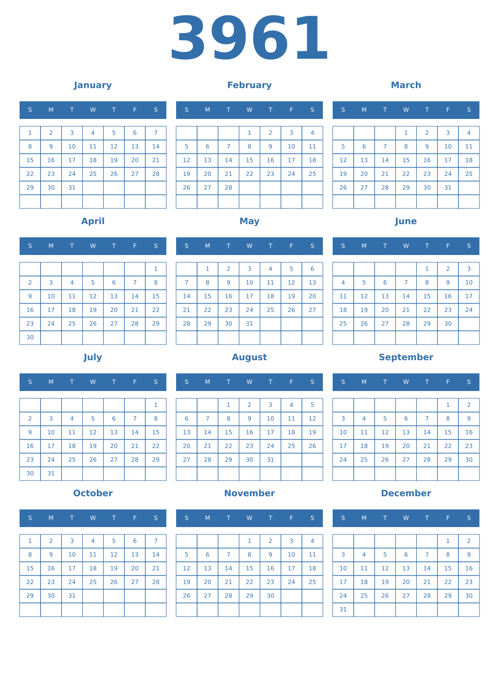 Printable 3961 Year Calendars blue