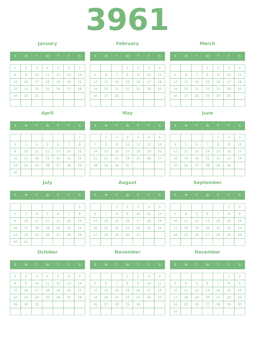 Printable 3961 Year Calendars celadon
