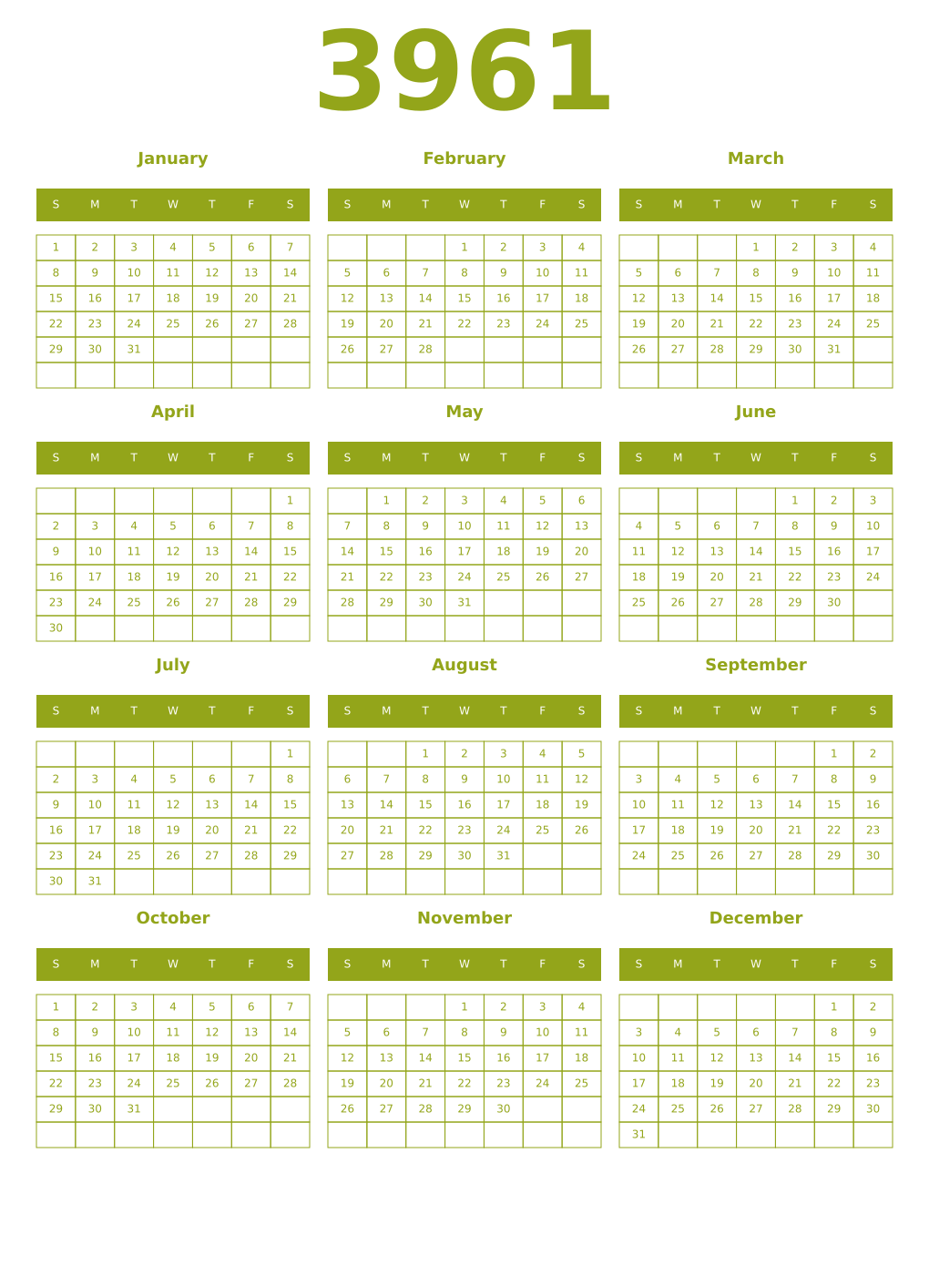 Printable 3961 Year Calendars chartreuse