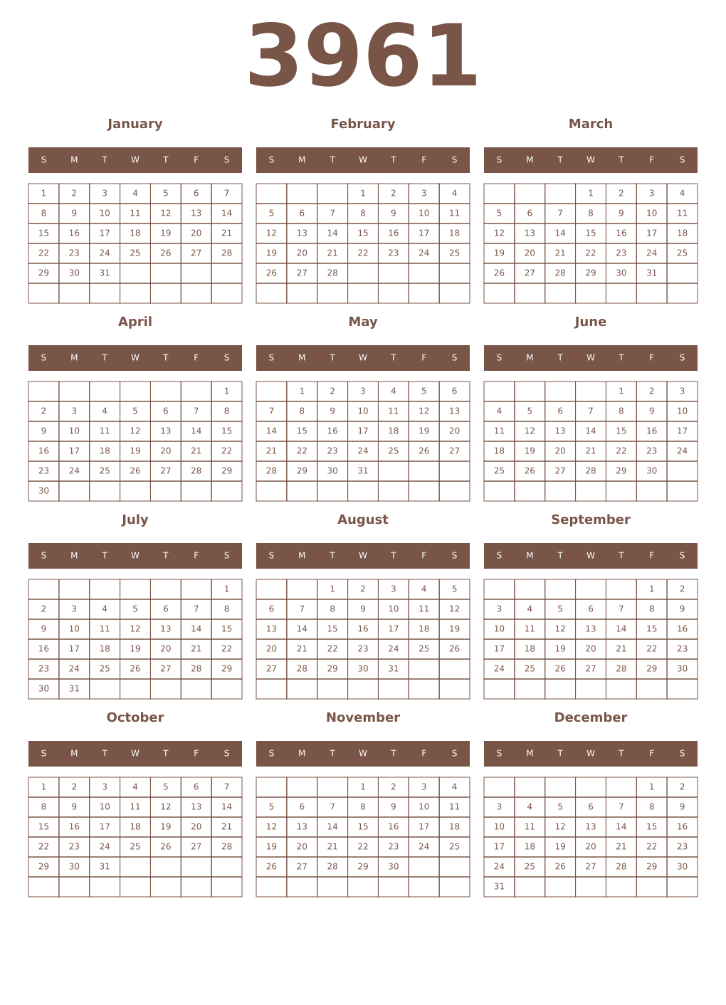 Printable 3961 Year Calendars coffe