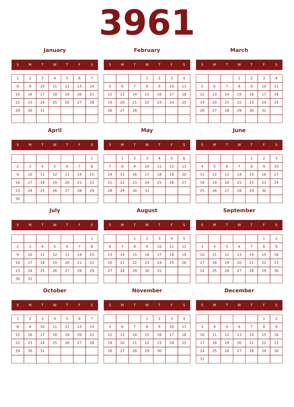 Printable 3961 Year Calendars falu