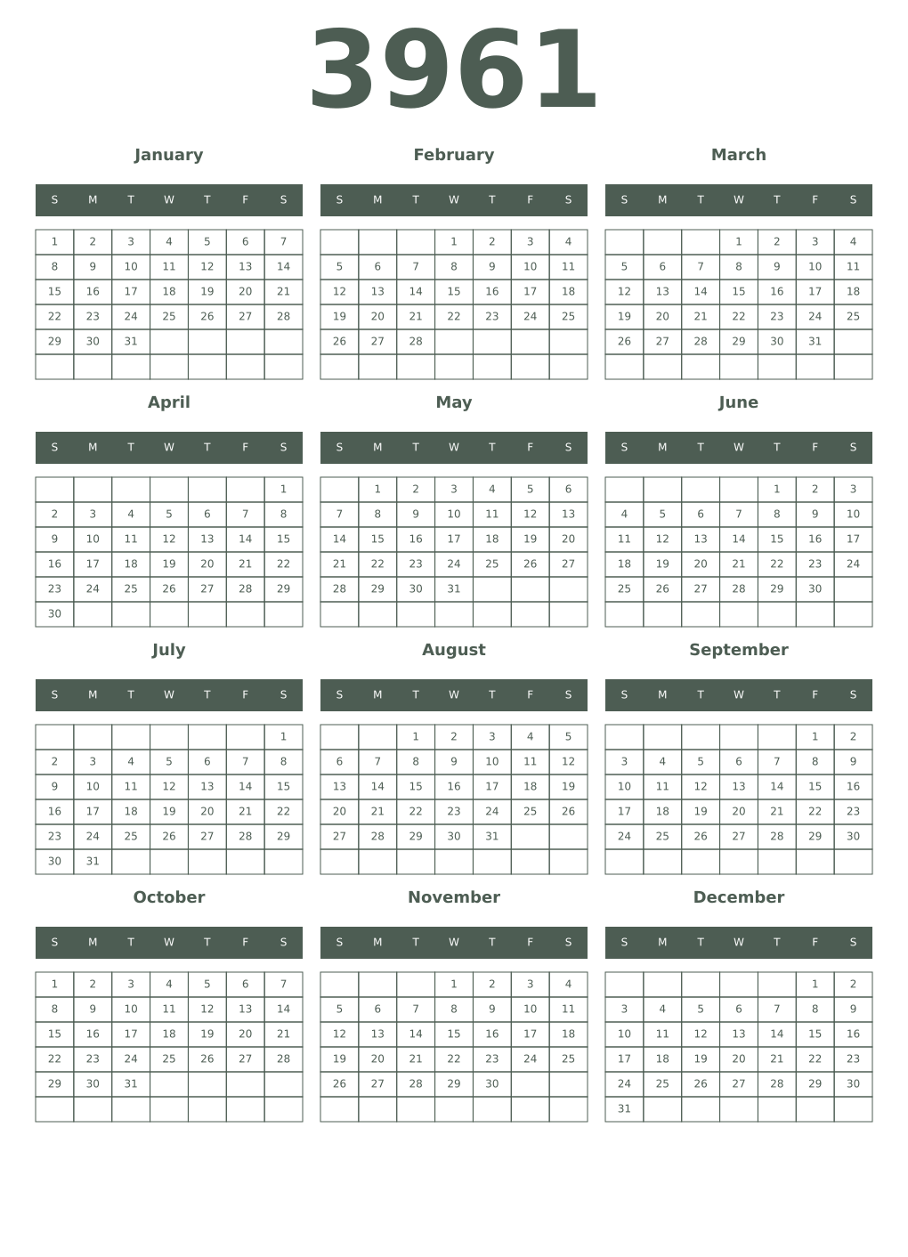 Printable 3961 Year Calendars feldgrau