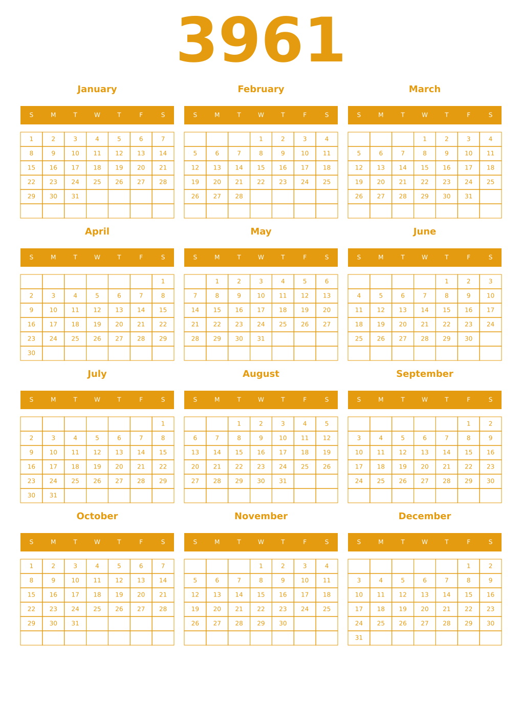 Printable 3961 Year Calendars gamboge