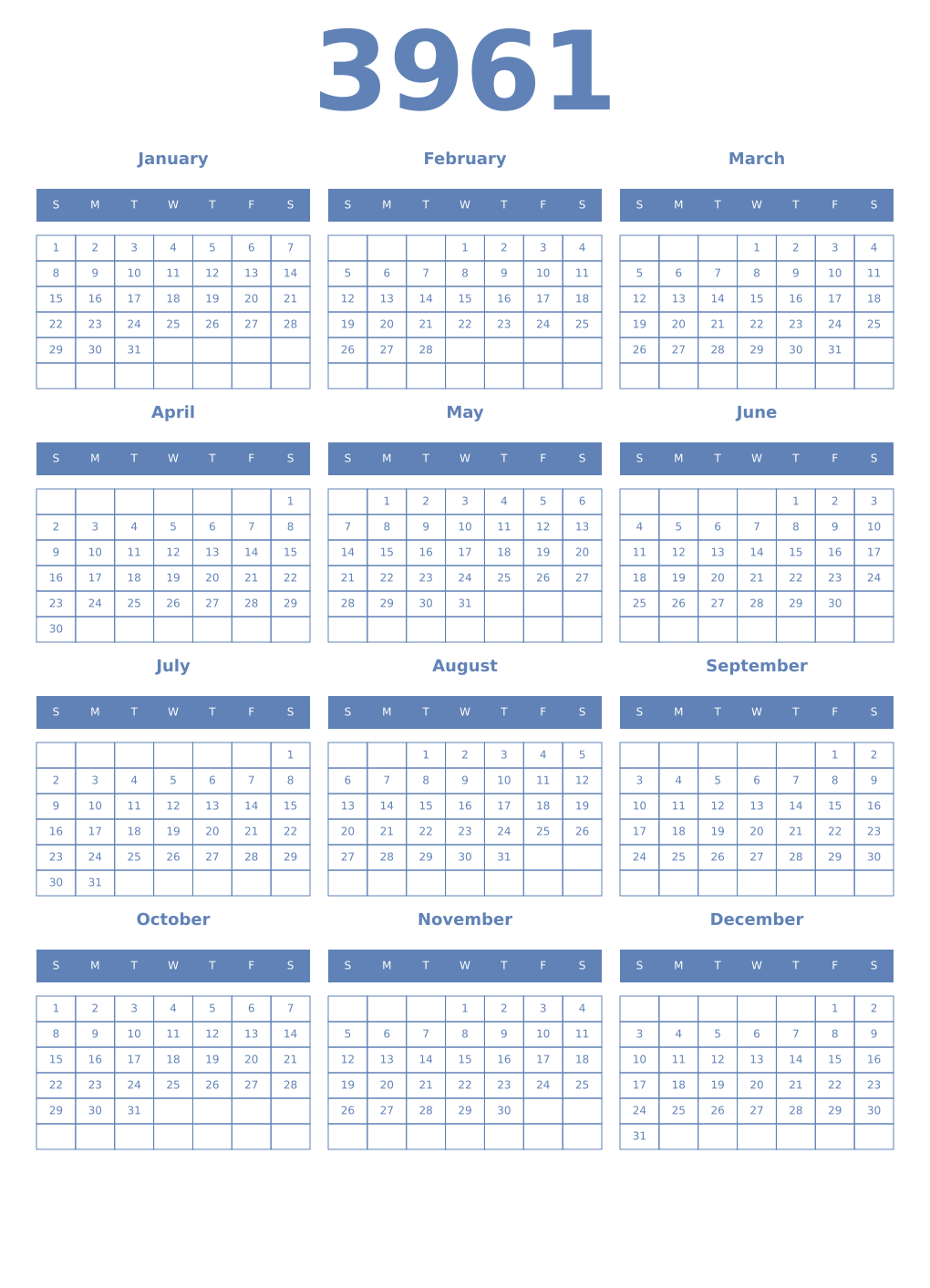 Printable 3961 Year Calendars glaucous