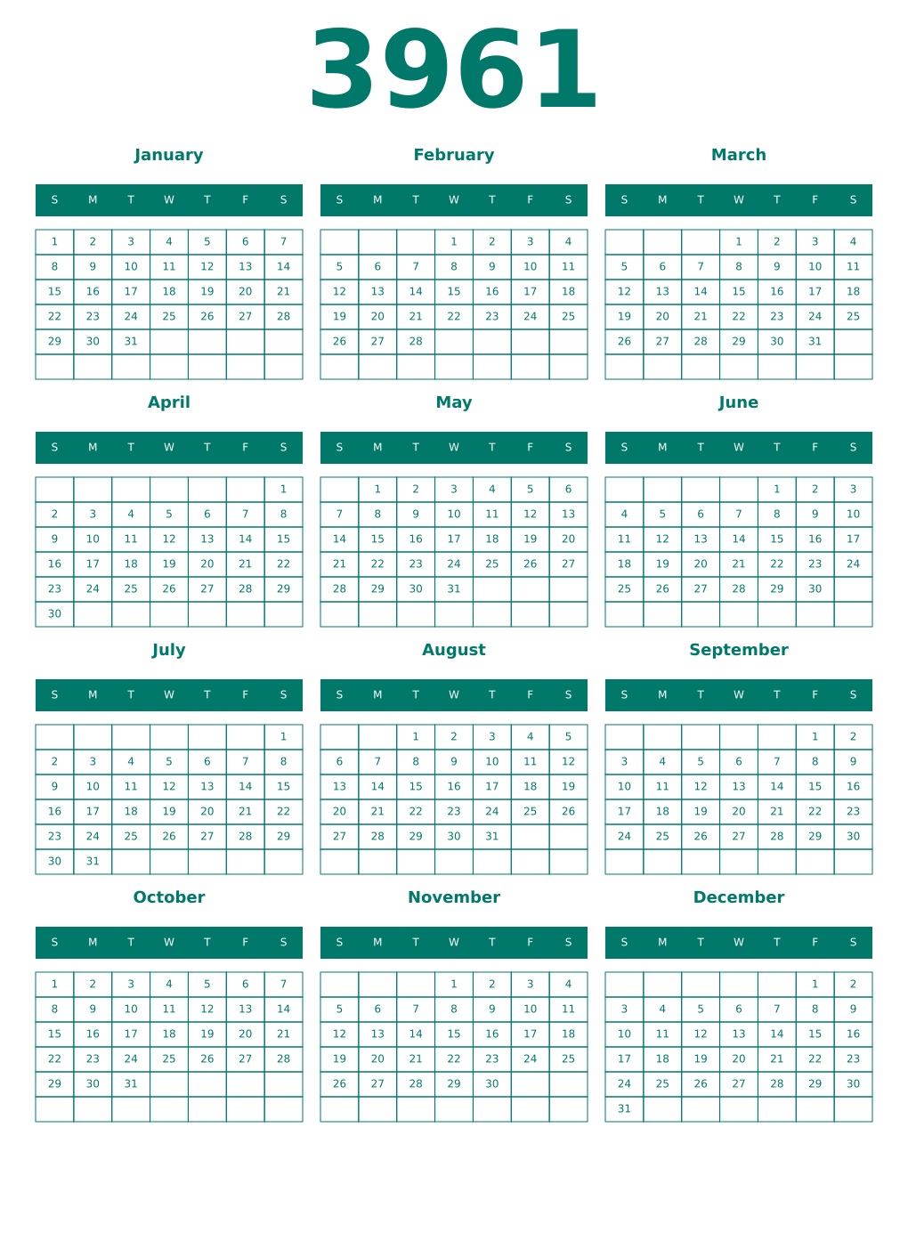 Printable 3961 Year Calendars pastel