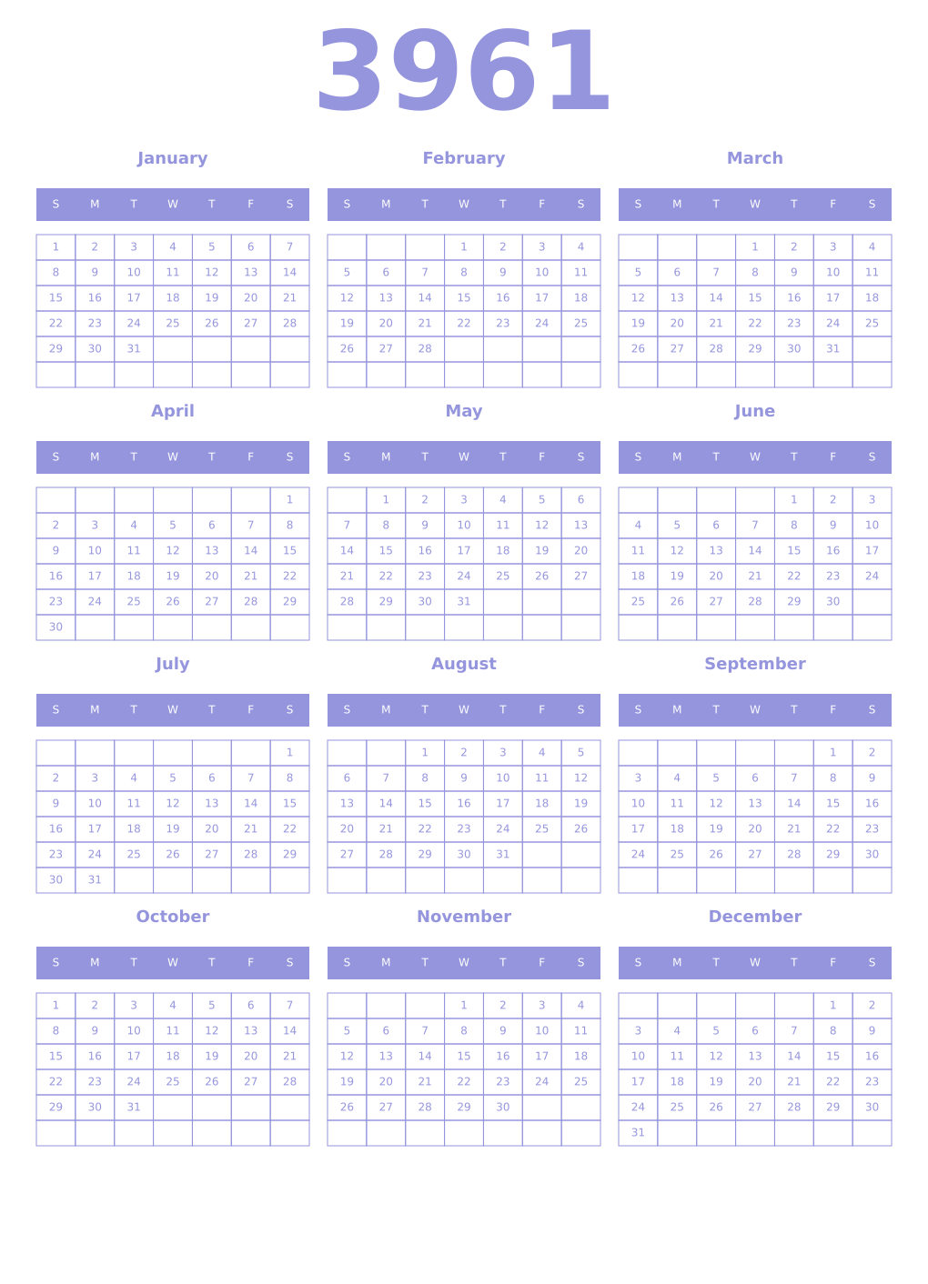 Printable 3961 Year Calendars periwinkle