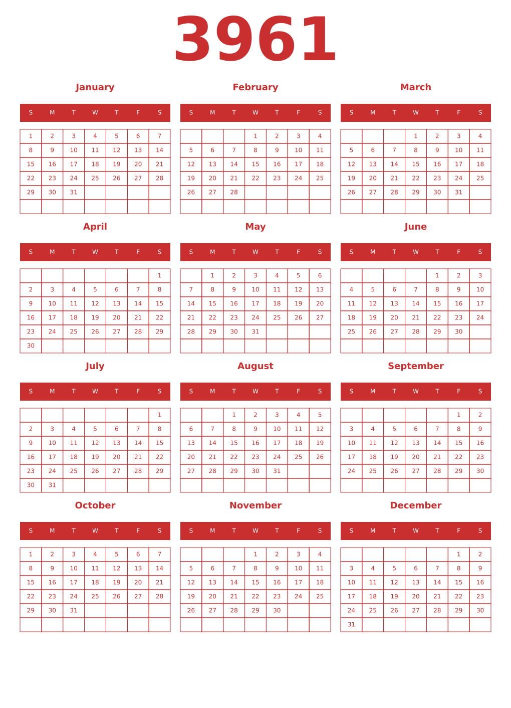Printable 3961 Year Calendars red