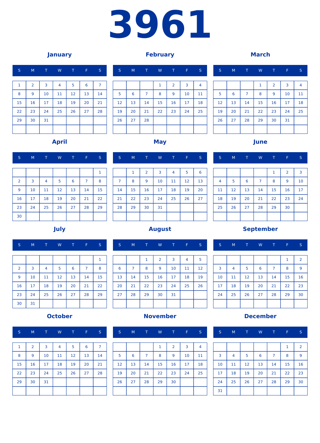 Printable 3961 Year Calendars smalt