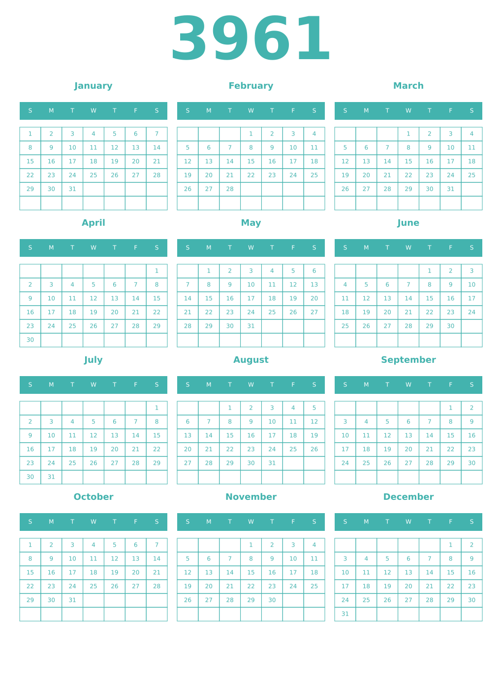 Printable 3961 Year Calendars verdigris