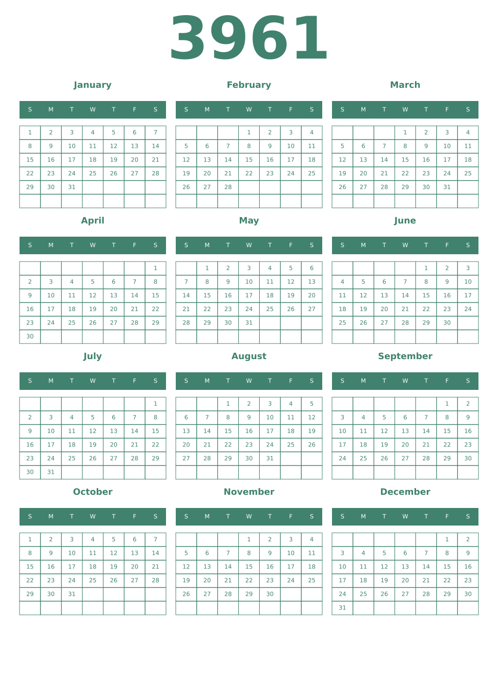 Printable 3961 Year Calendars viridian