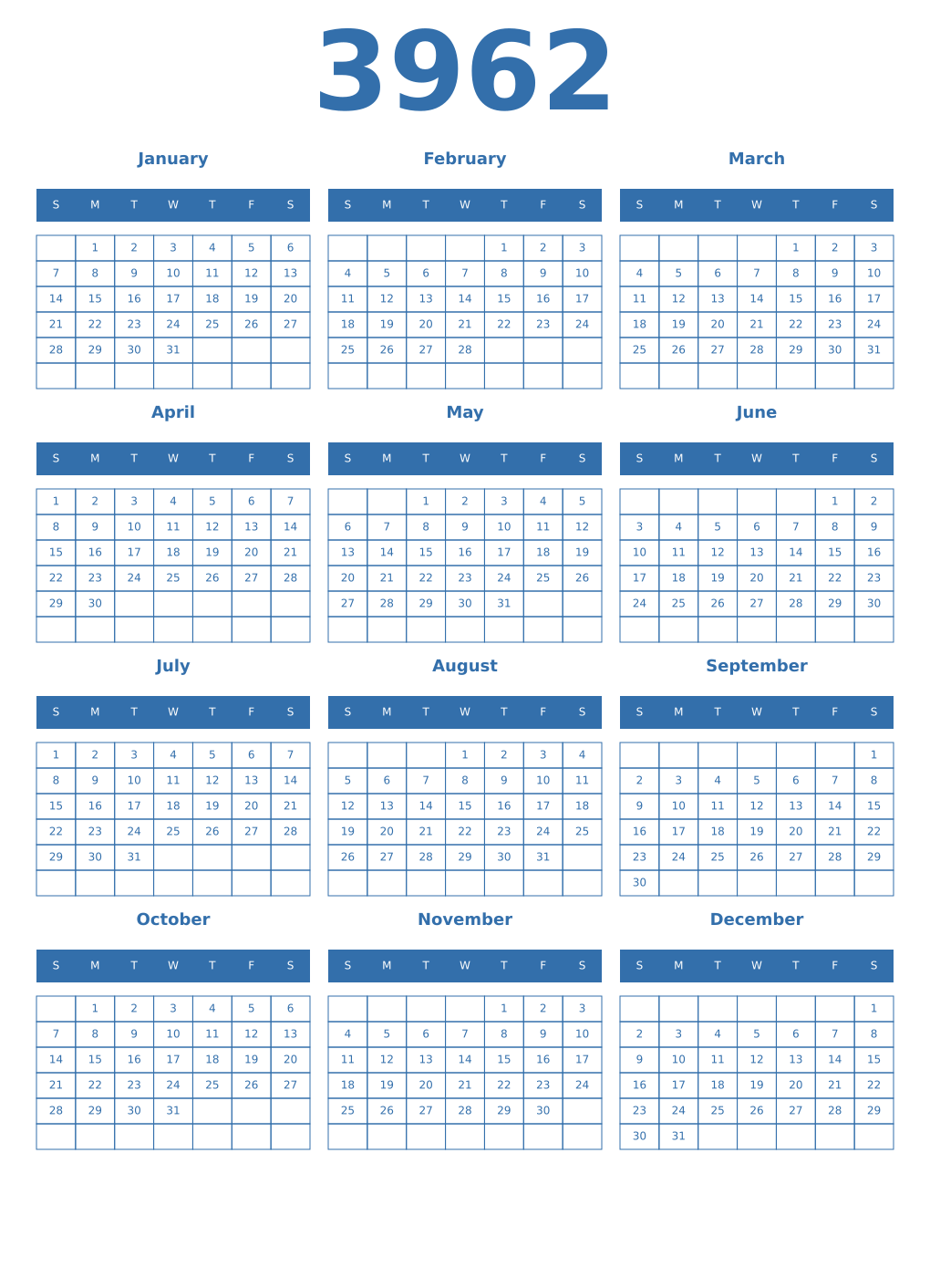 Printable 3962 Year Calendars blue